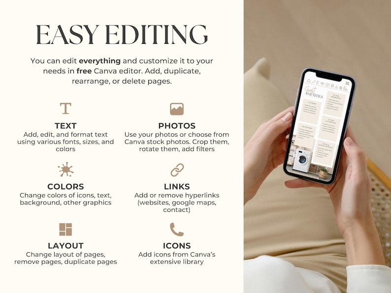 May include: A smartphone displays a design layout with text and images. The phone is held in front of a beige background. The image includes the text "EASY EDITING" and describes features like text editing, photo integration, and color customization.
