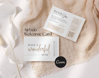 May include: Two rectangular white cards with black and tan text. The top card reads THANK YOU FOR STAYING WITH US with a QR code. The bottom card reads HAVE A WONDERFUL STAY and AIRBNB HOUSE NAME. The cards feature minimalist typography and layout.