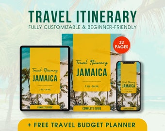 Modèle d'itinéraire de voyage modifiable Jamaïque Guide touristique de vacances Planificateur de vacances mobile Calendrier de voyage imprimable Organisateur de voyage numérique Canva