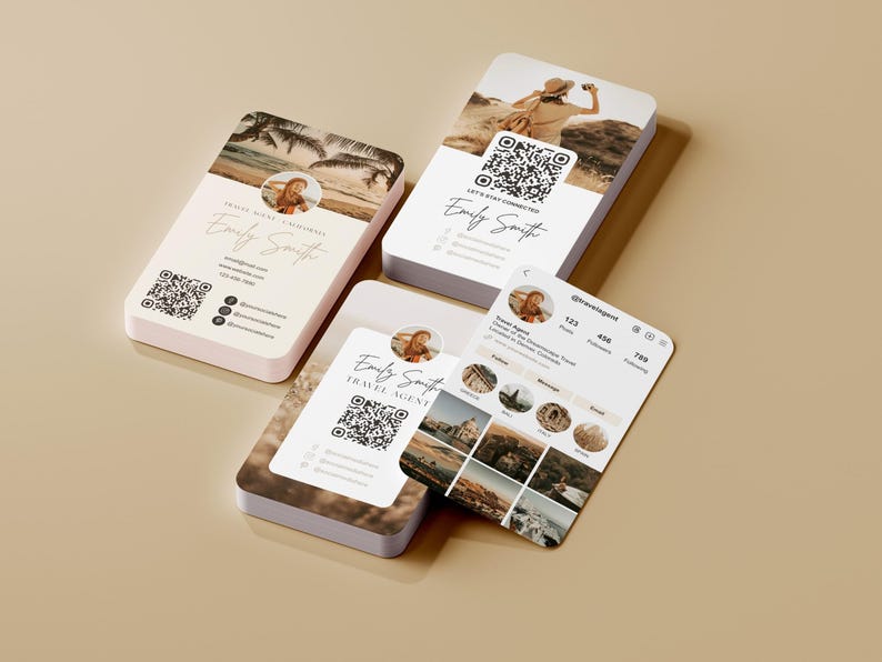 May include: A stack of business cards and a phone screen featuring a travel agent's branding. The cards display a photo, name, and QR code. The phone screen shows an Instagram profile with travel photos. The cards have a beach scene background.