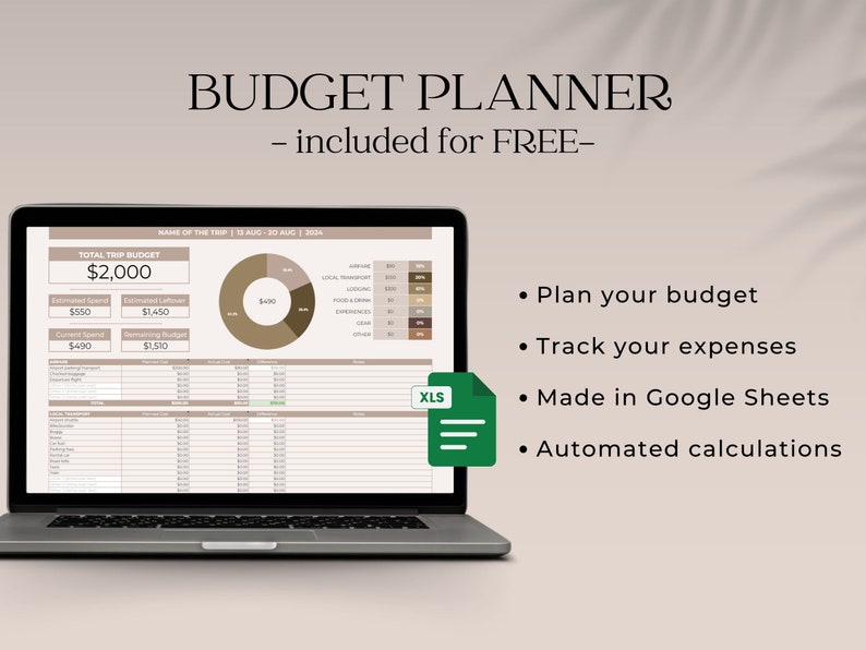 Free budget planner included with the travel itinerary template. Plan your budget, track expenses, and automate calculations in Google Sheets.