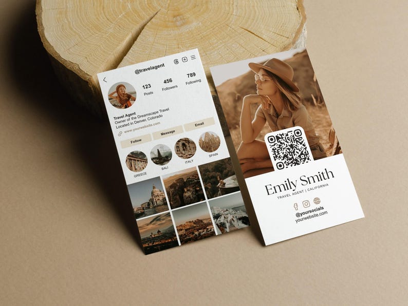 May include: Two business cards with travel-themed branding. One card displays a social media profile with travel photos. The other card features a woman in a hat and a QR code, with the name "Emily Smith, Travel Agent, California."