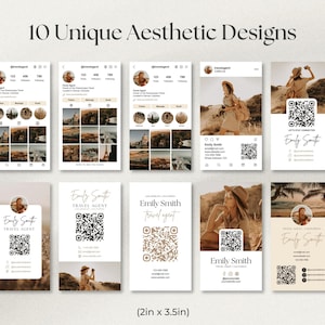 May include: A collection of 10 unique aesthetic designs, including Instagram profile layouts and business card templates. The designs feature travel-themed imagery and the name "Emily Smith, Travel Agent." The business cards are 2 inches by 3.5 inches.