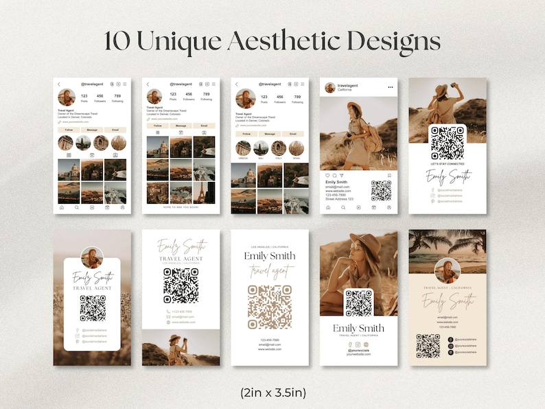 May include: A collection of 10 unique aesthetic designs, including Instagram profile layouts and business card templates. The designs feature travel-themed imagery and the name "Emily Smith, Travel Agent." The business cards are 2 inches by 3.5 inches.
