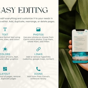 Op de afbeelding: Afbeelding die eenvoudig bewerken in Canva promoot. Tekst benadrukt functies: tekstformattering, foto-integratie, kleuraanpassingen, link invoegen, lay-out wijzigingen en icoon toevoegingen. Een telefoon toont een planning sjabloon.