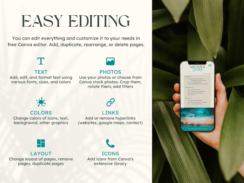 Op de afbeelding: Afbeelding die eenvoudig bewerken in Canva promoot. Tekst benadrukt functies: tekstformattering, foto-integratie, kleuraanpassingen, link invoegen, lay-out wijzigingen en icoon toevoegingen. Een telefoon toont een planning sjabloon.