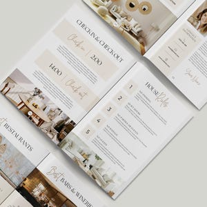 May include: A collection of brochures with a minimalist design. The brochures feature headings like "Check-in & Check-out," "House Rules," "Best Restaurants," and "Best Bars & Wineries." The color palette is neutral, with beige and white tones.