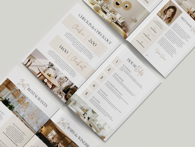May include: A collection of brochures with a minimalist design. The brochures feature headings like "Check-in & Check-out," "House Rules," "Best Restaurants," and "Best Bars & Wineries." The color palette is neutral, with beige and white tones.