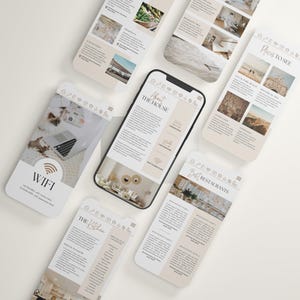 May include: A collection of smartphones and mockups displaying a website interface. The central phone shows "About The House" with a beige and white color scheme. Other phones display sections like "WiFi", "The Kitchen", "Best Restaurants", and "Places to See".
