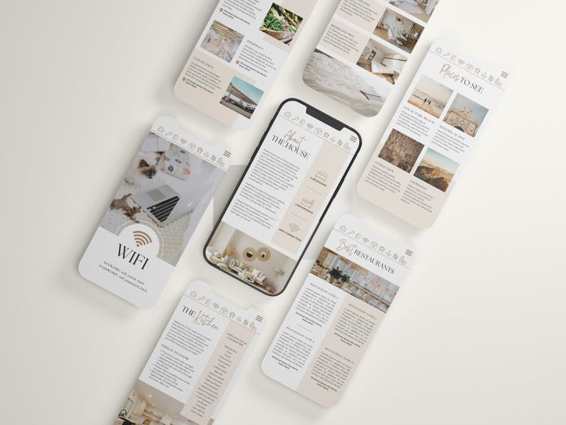 May include: A collection of smartphones and mockups displaying a website interface. The central phone shows "About The House" with a beige and white color scheme. Other phones display sections like "WiFi", "The Kitchen", "Best Restaurants", and "Places to See".