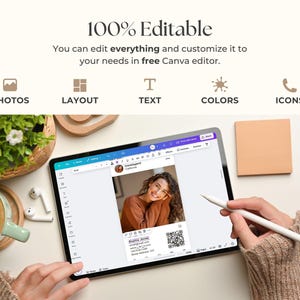 May include: A tablet displaying a business card design with a photo of a smiling woman. The text "100% Editable" and other icons are visible. A hand holds a stylus, and a cup of coffee and a plant are in the background.