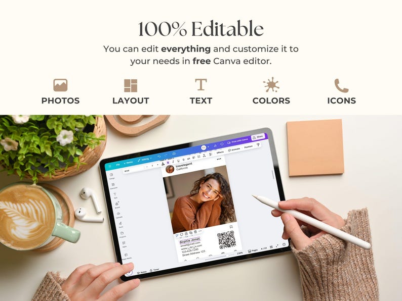 May include: A tablet displaying a business card design with a photo of a smiling woman. The text "100% Editable" and other icons are visible. A hand holds a stylus, and a cup of coffee and a plant are in the background.