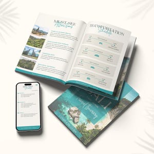 Op de afbeelding: Open reisgids met een turquoise en wit ontwerp, met een vervoersschema en must-see attracties. Een smartphone toont een reis-app. De omslag toont een tropische strandsc&egrave;ne.