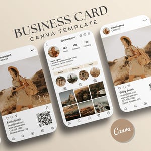 Peut inclure: Modèle de carte de visite Canva avec un profil d'agent de voyage sur un écran de smartphone. La conception comprend une photo d'une personne avec un chapeau et un sac à dos, ainsi que des coordonnées et un code QR.