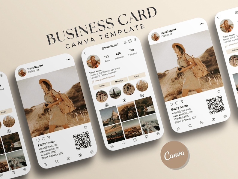 May include: A business card Canva template design featuring a travel agent profile on a smartphone screen. The design includes a photo of a person in a hat and a backpack, along with contact information and a QR code.