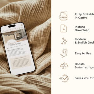 May include: A smartphone displays a webpage with "Driving Directions" text and a photo of a building. The phone is on a beige, textured fabric. Additional text includes "Fully Editable in Canva", "Instant Download", and "Modern & Stylish Design".