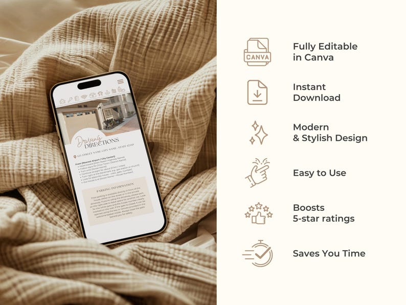 May include: A smartphone displays a webpage with "Driving Directions" text and a photo of a building. The phone is on a beige, textured fabric. Additional text includes "Fully Editable in Canva", "Instant Download", and "Modern & Stylish Design".