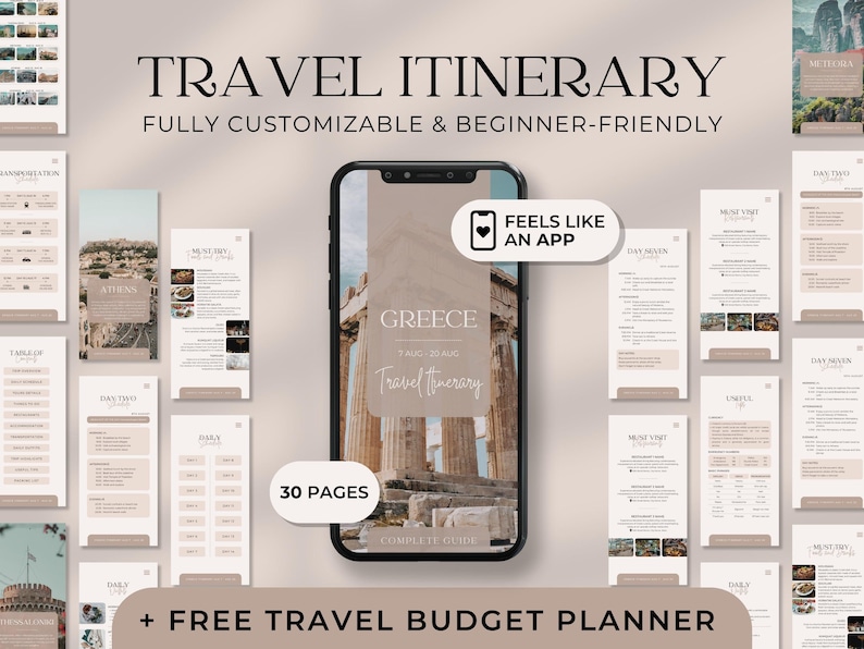 Fully customizable travel itinerary template. 30 pages including schedules, attractions, and restaurants. Free budget planner included. Editable in Canva.