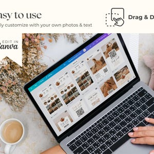May include: A laptop displaying a social media template with the text "Easy to use" and "Drag & Drop". The screen shows various layouts with photos and text. A cup of coffee and dried flowers are also visible.
