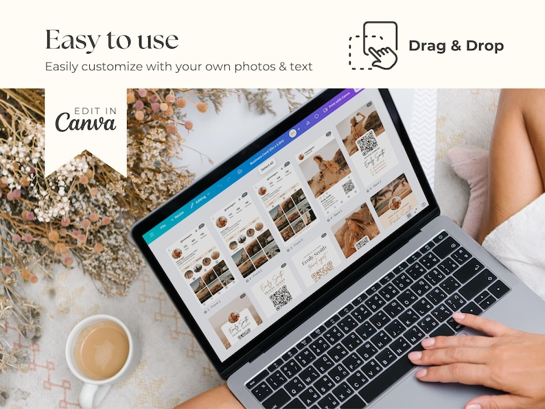 May include: A laptop displaying a social media template with the text "Easy to use" and "Drag & Drop". The screen shows various layouts with photos and text. A cup of coffee and dried flowers are also visible.