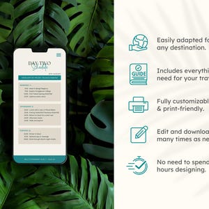 Op de afbeelding: Een smartphone toont een reisroute met de titel "DAY TWO Schedule" tegen een achtergrond van weelderige groene bladeren. Het scherm toont een schema voor 8 augustus, met pictogrammen en tekst die de kenmerken van de route beschrijven: aanpasbaar, inclusief, aanpasbaar en bewerkbaar.