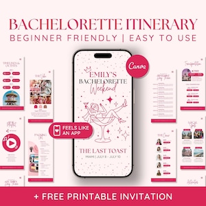 以下が含まれることがあります： ピンクと白のデザインのデジタル独身女性向け旅程テンプレート。メイン画像は旅程を表示するスマートフォンで、イベントの詳細を示す追加ページがあります。「Bachelorette Itinerary」と「Emily's Bachelorette Weekend」というテキストが含まれています。