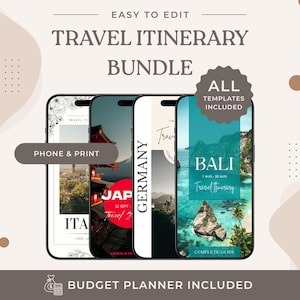 Op de afbeelding: Een digitaal reisschema-pakket weergegeven op vier smartphoneschermen. De schermen tonen sjablonen voor Italië, Japan, Duitsland en Bali. De tekst bevat "TRAVEL ITINERARY BUNDLE", "ALL TEMPLATES INCLUDED", "PHONE & PRINT" en "BUDGET PLANNER INCLUDED".