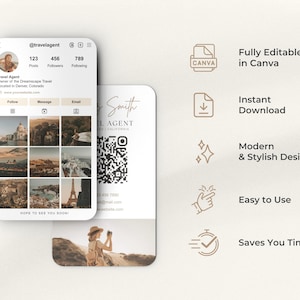 May include: A mockup featuring a phone displaying a travel agent's Instagram profile, a business card, and icons. The business card has a QR code and contact information. The phone shows travel photos. Text includes "Fully Editable in Canva" and "Saves You Time."