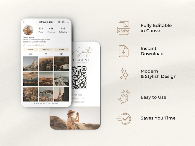 May include: A mockup featuring a phone displaying a travel agent's Instagram profile, a business card, and icons. The business card has a QR code and contact information. The phone shows travel photos. Text includes "Fully Editable in Canva" and "Saves You Time."