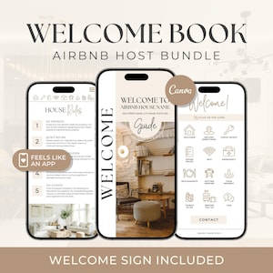 Puede incluir: Un paquete digital para anfitriones de Airbnb que se muestra en tres teléfonos inteligentes. Las pantallas muestran un libro de bienvenida, reglas de la casa y una guía con iconos de servicios. El texto incluye "Welcome Book", "Airbnb Host Bundle" y "Welcome Sign Included".