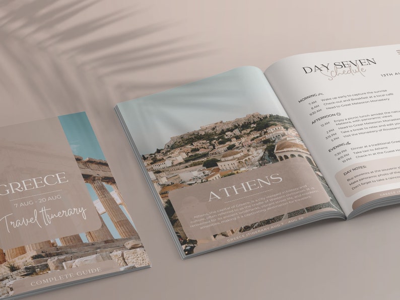 Printable travel itinerary template showcasing daily schedule for Athens. Perfect for detailed and organized travel planning.