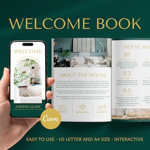 May include: A welcome book for Airbnb guests with a gold and green color scheme. The book includes information about the house, house rules, and an Airbnb guide. The text on the cover reads "Welcome Book".