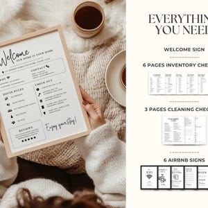 May include: A framed welcome sign with text, checklists, and Airbnb signs. The welcome sign includes house rules, contact information, and a review section. The image also shows a cup of coffee and a saucer.