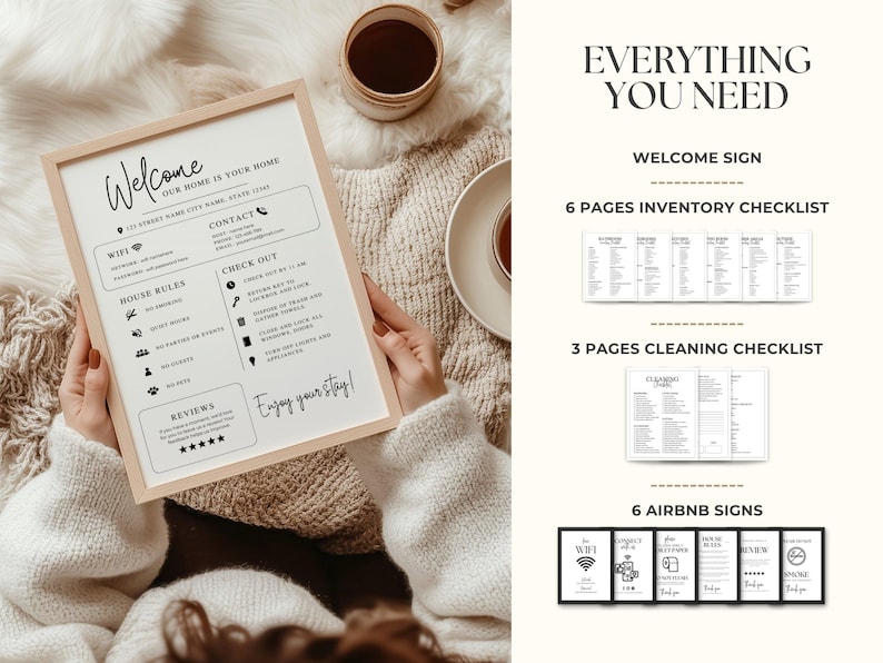 May include: A framed welcome sign with text, checklists, and Airbnb signs. The welcome sign includes house rules, contact information, and a review section. The image also shows a cup of coffee and a saucer.