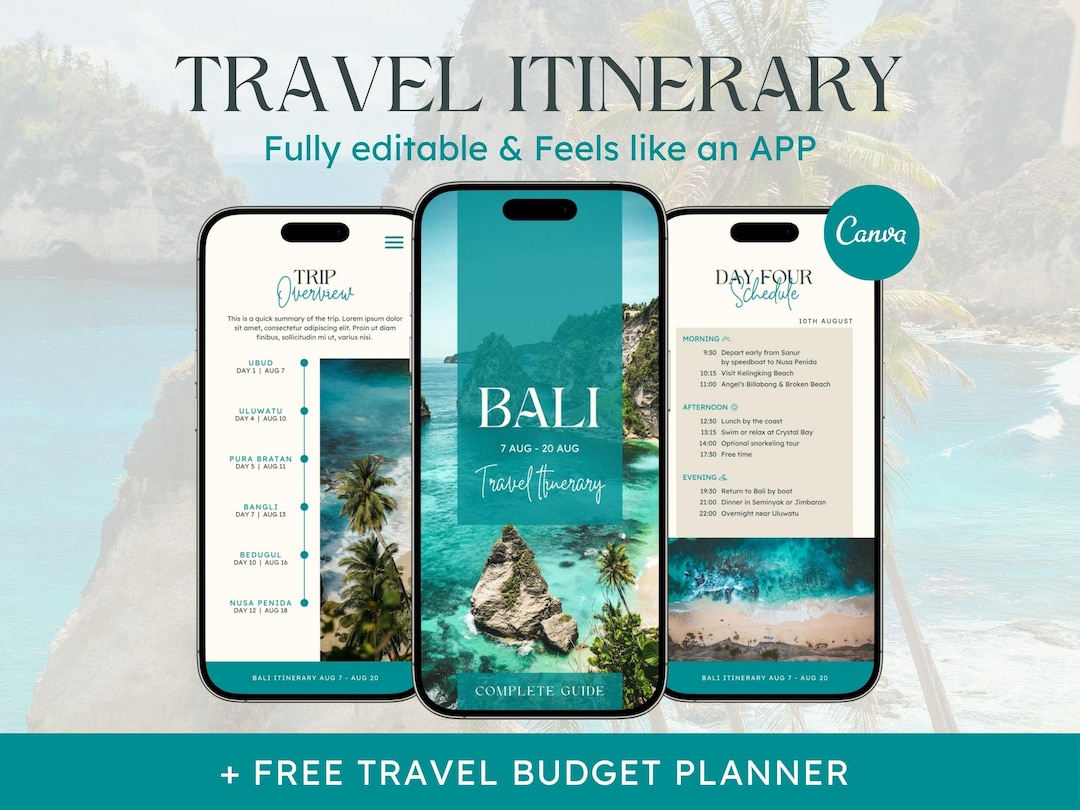 Mobile Travel Itinerary Template, Editable Travel Planner, Digital Bali ...