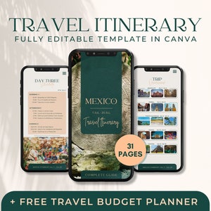 Könnte beinhalten: Eine digitale Vorlage für eine 31-seitige Reise-Reiseroute für Mexiko mit einem grün-goldenen Farbschema. Die Vorlage ist vollständig in Canva bearbeitbar und beinhaltet einen kostenlosen Reisebudgetplaner. Der Text auf der Vorlage lautet "TRAVEL ITINERARY", "FULLY EDITABLE TEMPLATE IN CANVA", "DAY THREE", "MEXICO", "7 JUL - 20 JUL", "Travel Itinerary", "COMPLETE GUIDE", "31 PAGES", "TRIP", und "FREE TRAVEL BUDGET PLANNER".