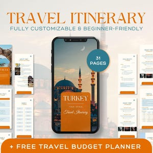 Modelo de itinerário de viagem editável para meninas da Turquia, planejador de viagens, organizador de férias para impressão, guia digital, agente de viagens, programação de férias para celular