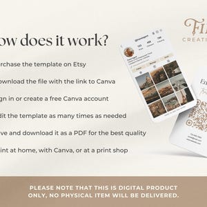 May include: A digital product advertisement with instructions on how to use a template purchased on Etsy. The image includes a phone displaying an Instagram profile and a business card for a travel agent. The text reads "How does it work?"
