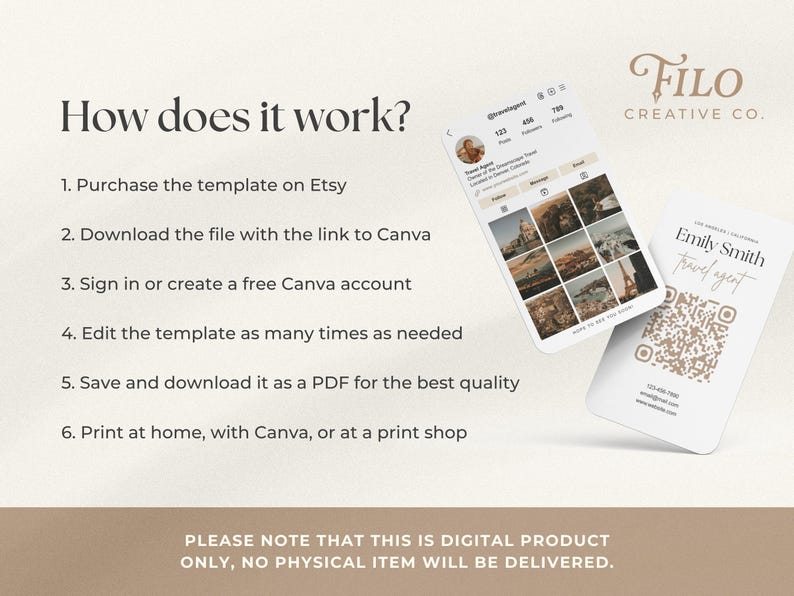May include: A digital product advertisement with instructions on how to use a template purchased on Etsy. The image includes a phone displaying an Instagram profile and a business card for a travel agent. The text reads "How does it work?"