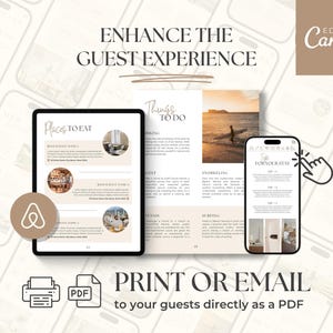 May include: A digital marketing image with the text "ENHANCE THE GUEST EXPERIENCE". The image shows a tablet, a smartphone, and a printed document, all displaying information about places to eat and things to do. The text "PRINT OR EMAIL" is also visible.