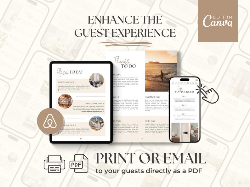 May include: A digital marketing image with the text "ENHANCE THE GUEST EXPERIENCE". The image shows a tablet, a smartphone, and a printed document, all displaying information about places to eat and things to do. The text "PRINT OR EMAIL" is also visible.