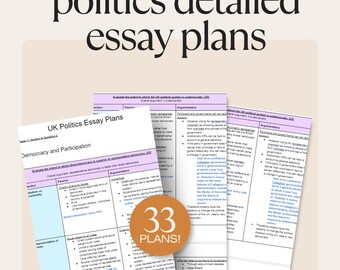 Puede incluir: Una hoja de trabajo imprimible rosa y morada con el título "Edexcel UK Politics Detailed Essay Plans" y el texto "UK Politics Essay Plans" y "Democracy and Participation". La hoja de trabajo incluye 33 planes de ensayo sobre el tema de la democracia y la participación en el sistema político del Reino Unido.
