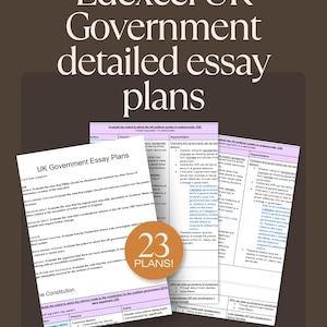 Op de afbeelding: Een close-up van een kleurrijk, meerpagina's document met de titel "Edexcel UK Government detailed essay plans" en het nummer "23 plans!" in een cirkel. Het document is onderverdeeld in secties met koppen zoals "The Constitution" en "UK Government Essay Plans".