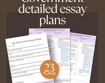 Puede incluir: Primer plano de un documento colorido y de varias páginas con el título "Edexcel UK Government detailed essay plans" y el número "23 plans!" en un círculo. El documento está dividido en secciones con encabezados como "The Constitution" y "UK Government Essay Plans".