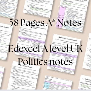 Könnte beinhalten: Ein Satz von 58 Seiten A*-Notizen für Edexcel A-Level UK Politik. Die Seiten sind weiß mit schwarzem Text und lila und blauen Markierungen. Themen sind Wahlsysteme und politische Parteien.