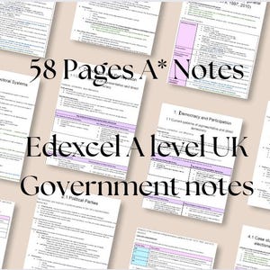 Puede incluir: Apuntes de estudio para el Gobierno del Reino Unido de nivel A de Edexcel, con el texto "58 Pages A* Notes" y "Edexcel A level UK Government notes". Las notas están en papel blanco con reflejos morados y verdes.