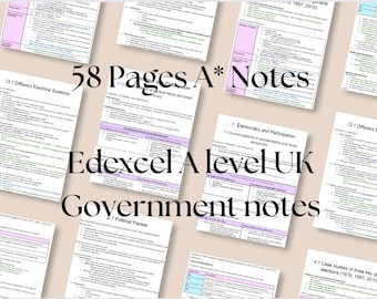 Puede incluir: Apuntes de estudio para el Gobierno del Reino Unido de nivel A de Edexcel, con el texto "58 Pages A* Notes" y "Edexcel A level UK Government notes". Las notas están en papel blanco con reflejos morados y verdes.