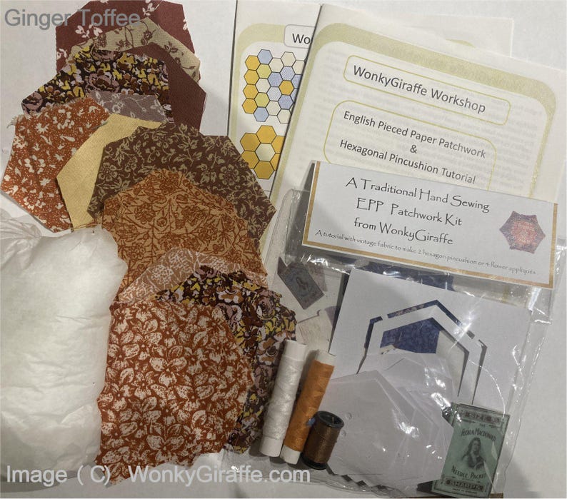 Patchwork hexagon starter kit EPP English paper piecing Vintage Fabric pincushion or sampler by Wonkygiraffe image 11