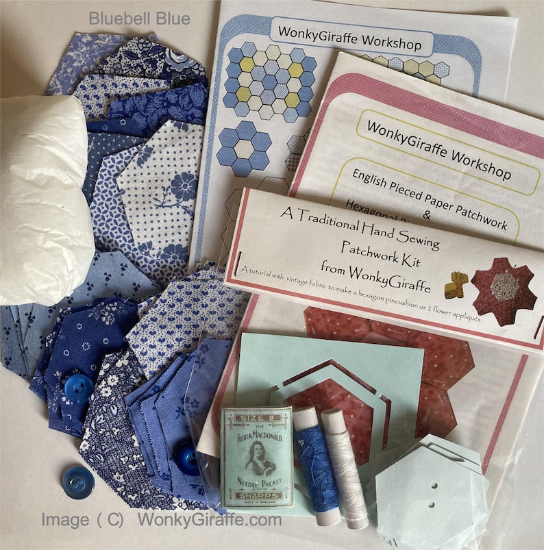 Patchwork hexagon starter kit EPP English paper piecing Vintage Fabric pincushion or sampler by Wonkygiraffe image 1