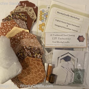 Patchwork hexagon starter kit EPP English paper piecing Vintage Fabric pincushion or sampler by Wonkygiraffe image 10